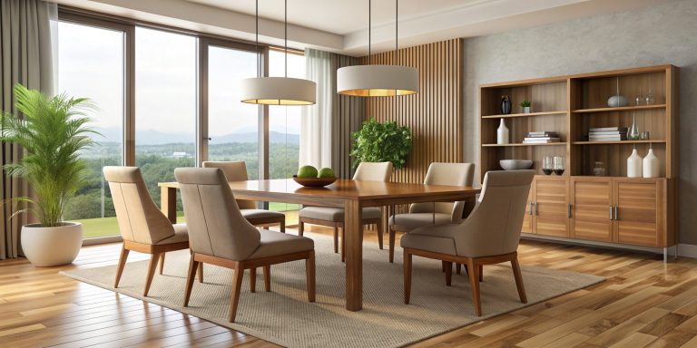 dining-table-six-with-soft-brown-chairs-wooden-server-table-glass-pendant-light-3d-renderi